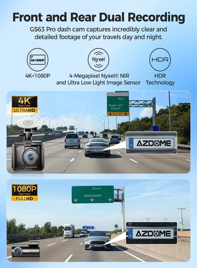 AZDOME 4K HDR Dash Cam with No-Light Full-Color Night Vision, 128GB eMMC, ADAS, 4K+1080P Dashcam Front and Rear, 5GHz WiFi GPS 24H Parking Mode Car Camera, GS63Pro - Image 3
